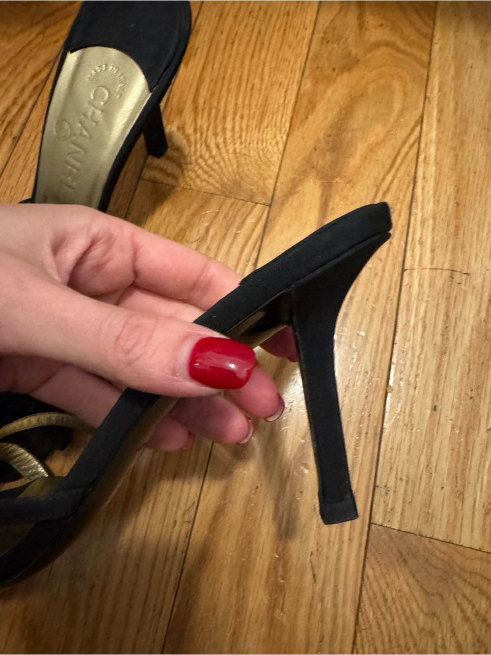 CHANEL Black Suede Camellia Slide Sandals with Gold Detail - Picture 5 of 9